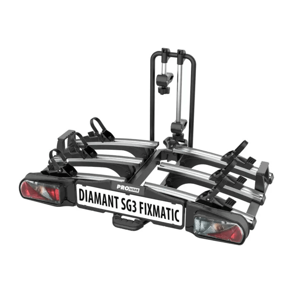 Pro-User Diamant SG3 Fixmatic fietsendrager op trekhaak, zwart metalen frame met bevestigingspunten voor fietsen.