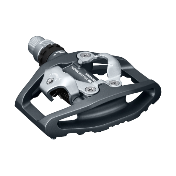 Shimano MTB pedalen PD-EH500 met SPD-kliksysteem en platform, geschikt voor mountainbikes, zichtbaar in close-up afbeelding