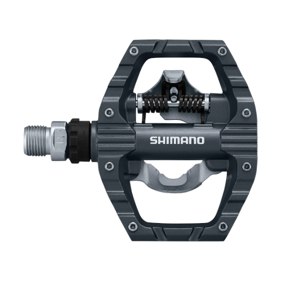 Shimano SPD MTB-pedaal PD-EH500 enkelzijdig in donkergrijs voor mountainbiken, zichtbaar vanaf de zijkant.