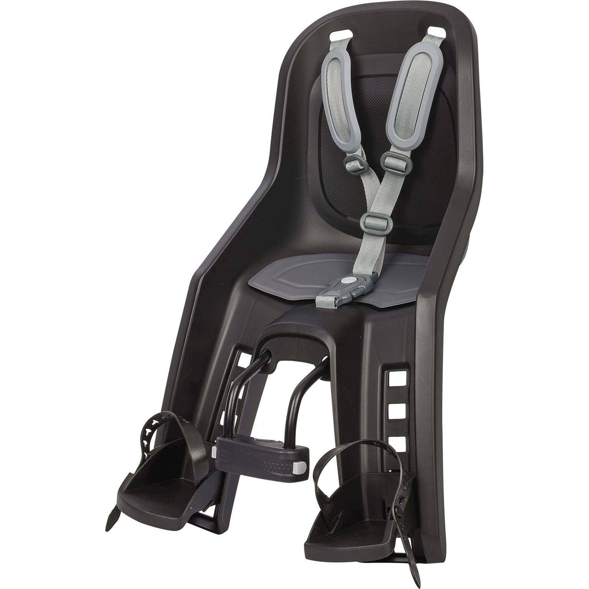 Polisport Bubbly Mini Evo fietsstoeltje voor stuurbuis, zwart en donkergrijs, geschikt voor jonge kinderen, veilige en comfortabele zit.