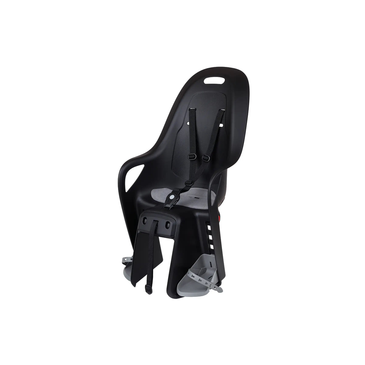 Polisport Koari CFS kinderzitje achter op fiets, zwart/grijs, bevestiging op drager, comfortabel en veilig voor kinderen.