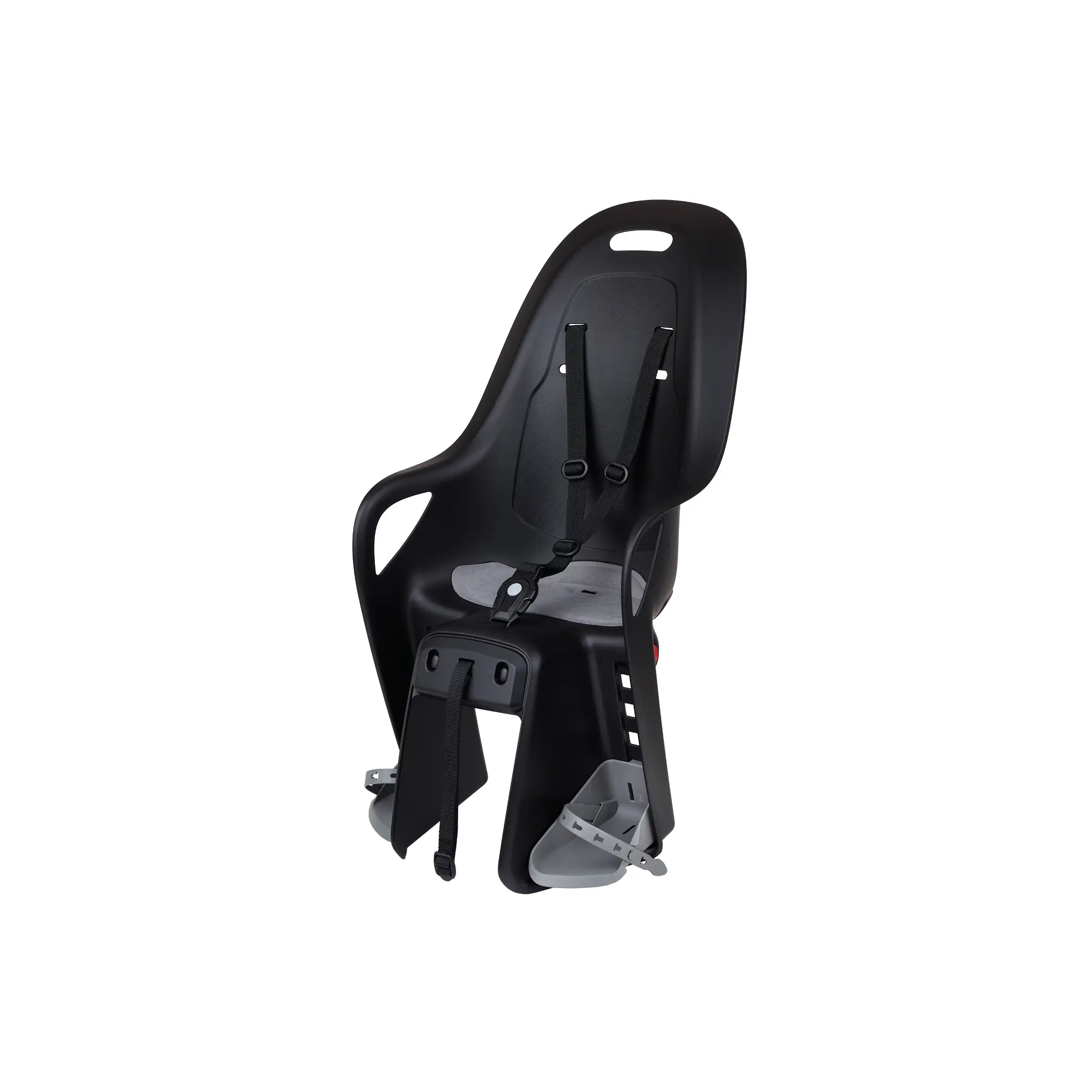 Polisport Koari CFS kinderzitje achter op fietsdrager, zwart en grijs, veilige bevestiging voor kinderen.
