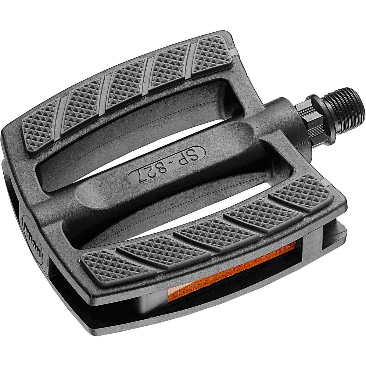 Zwarte Union SP-827 stads- en e-bike pedalen, zichtbaar op kaart, met antislip oppervlak en duurzame constructie.