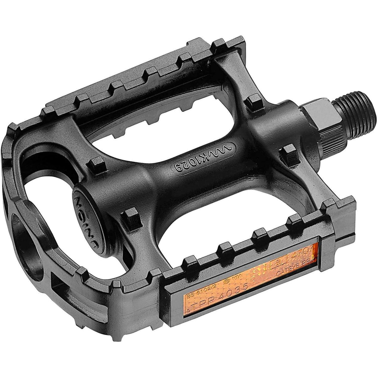 Union Pedalen 872 mountainbike pedalen voor stads- en e-bikes, zwart met metalen clips en stevige constructie.