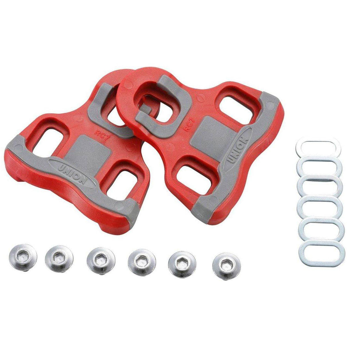 Union Schoenplaatjes Look Keo Rood, pedaalonderdelen voor fiets, rood en zwart met verstelbare pinnen, geschikt voor Look Keo pedalen.