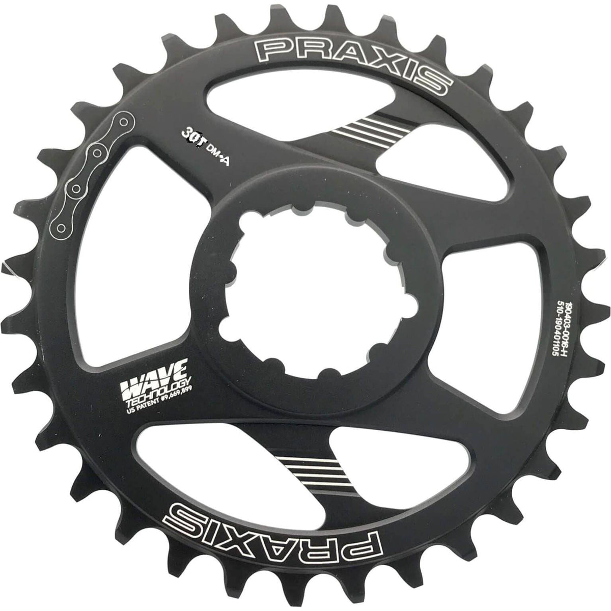 Zwart Praxis kettingblad 1x MTB DM-A 30T staal voor 12-speed bike, zichtbaar met tanden en montagegaten.