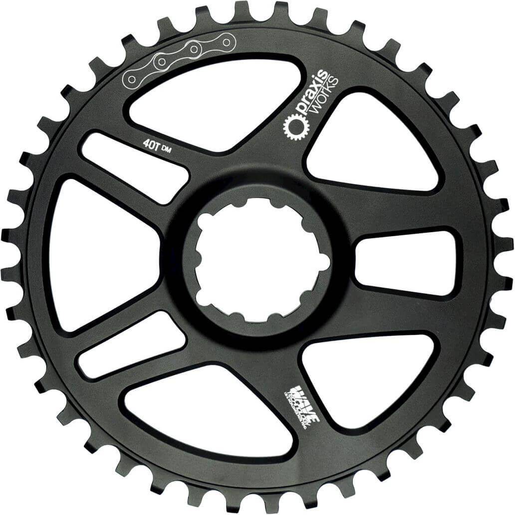 Zwart Praxis kettingblad 1x Road 12-speed, zichtbaar met tandprofiel en montagegaten, geschikt voor racefietsen.