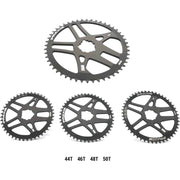 Zwart Praxis kettingblad 1x road 12-speed voor fiets, zichtbaar met tanden en mechanische details.