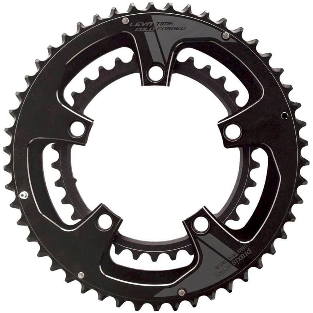 Zwart Praxis kettingblad Buzz 130 BCD 53/39T voor 12-speed fiets, zichtbaar met ketting en fietsframe.