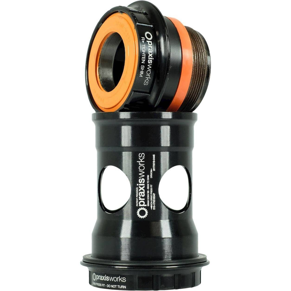 Praxis Trapas Adapter M24 Shimano BB30 PF30 MTB 73mm, compatibele trapas voor mountainbikes, zichtbaar op de afbeelding.