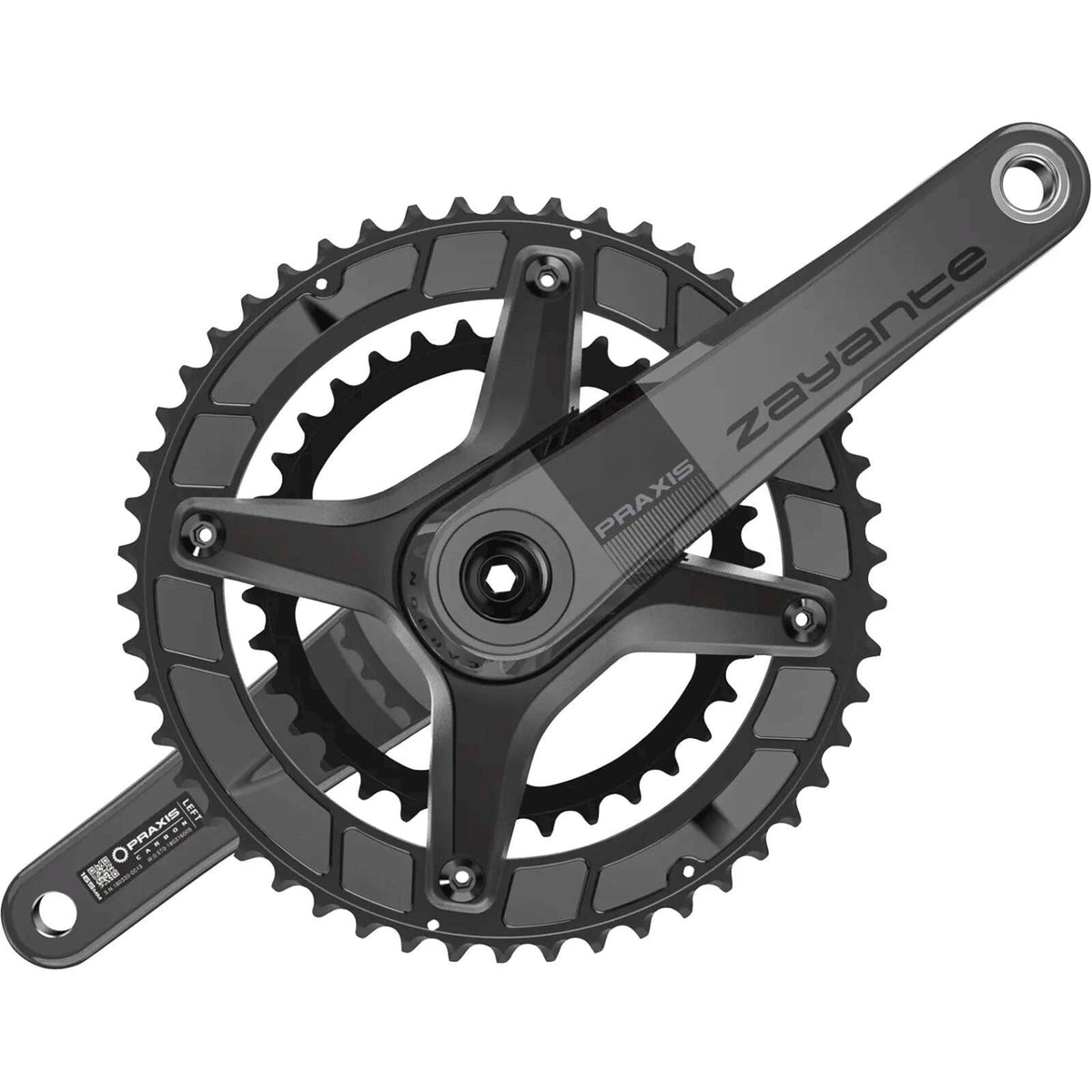 Praxis Zayante Carbon M30 racefiets crankstel met zwart ontwerp en lichte carbon constructie, zichtbaar op de afbeelding.