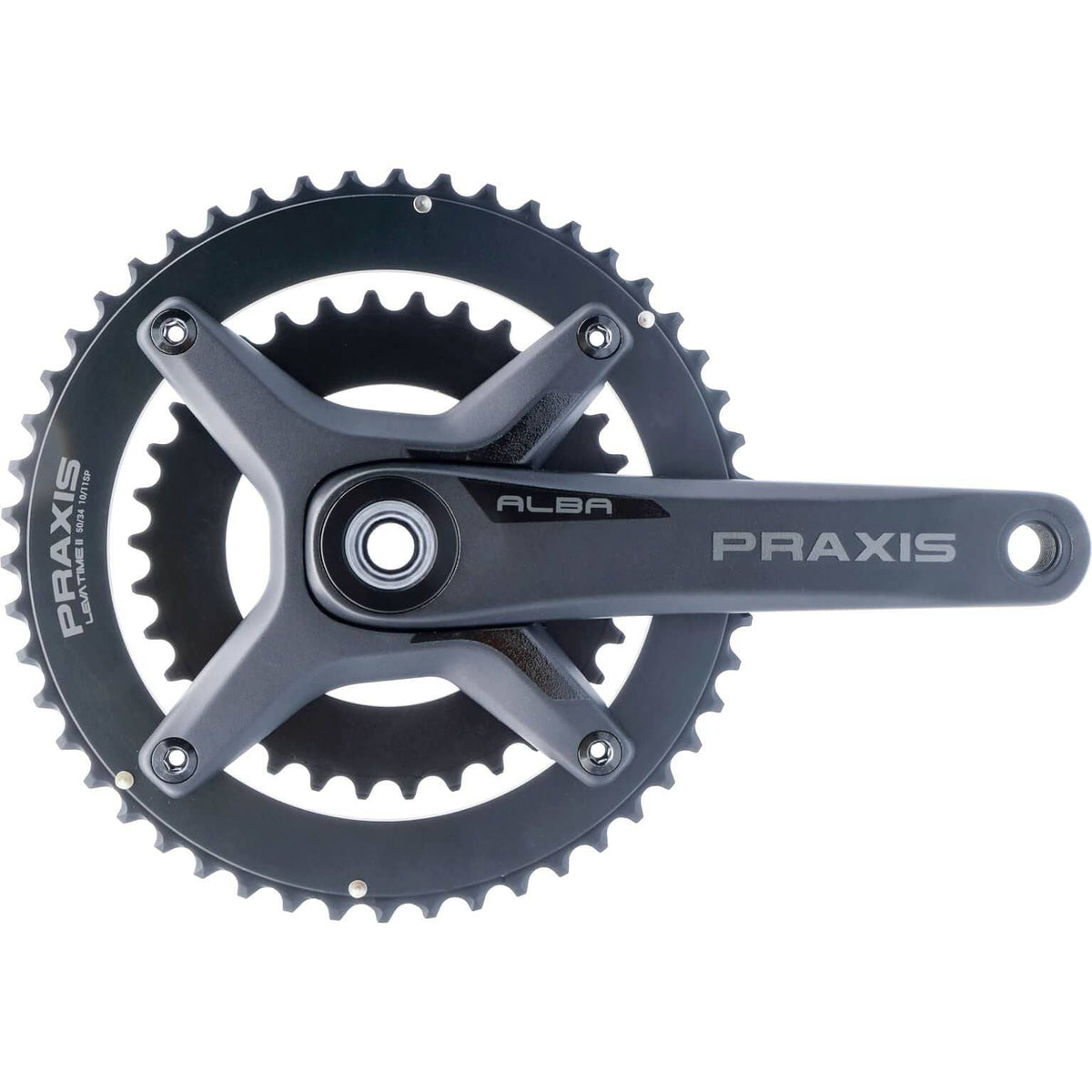 Praxis Alba M30 Dm X-Spider racefiets crankstel met kettingblad en crankarmen, geschikt voor snelle wielerfietsen.