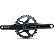 Praxis Zayante Carbon M30 racefiets crankstel met zwart ontwerp en lichte constructie, zichtbaar op de afbeelding.