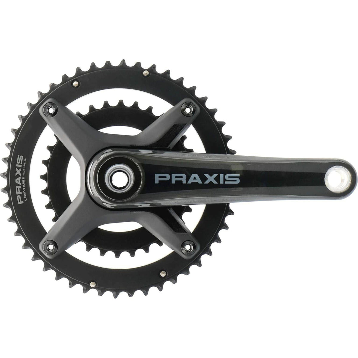 Praxis Zayante Carbon-S M30 racefiets crankstel met zwart ontwerp en lichte carbon constructie, zichtbaar op de afbeelding.