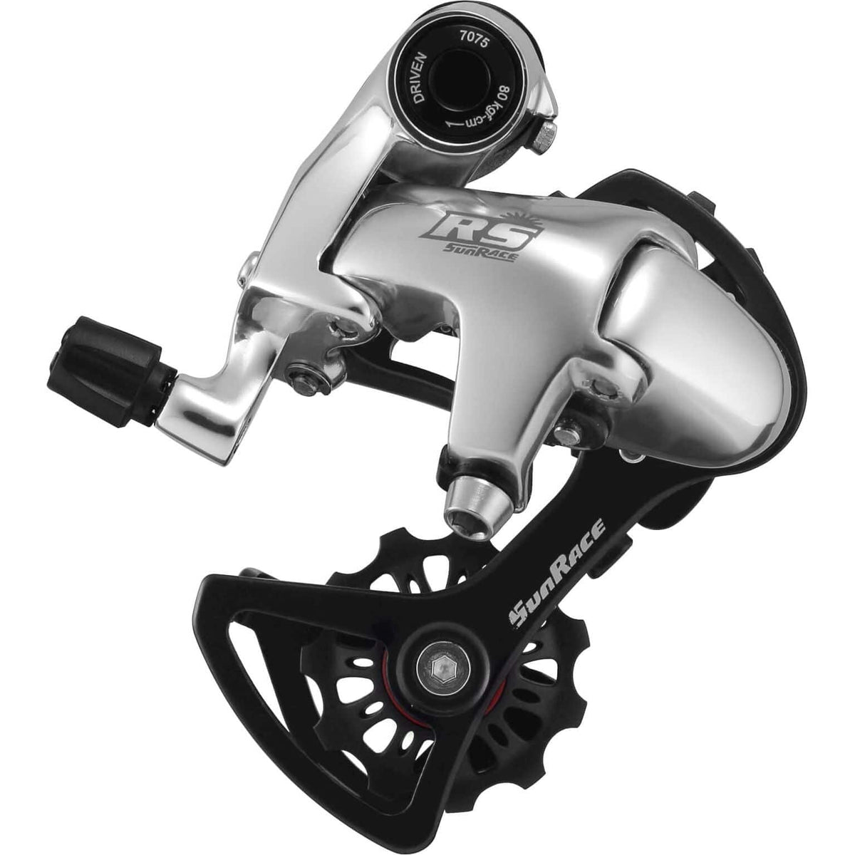Sunrace achterderailleur RS2 voor 9/10 versnellingen, zwart, zichtbaar met derailleur en montageonderdelen.