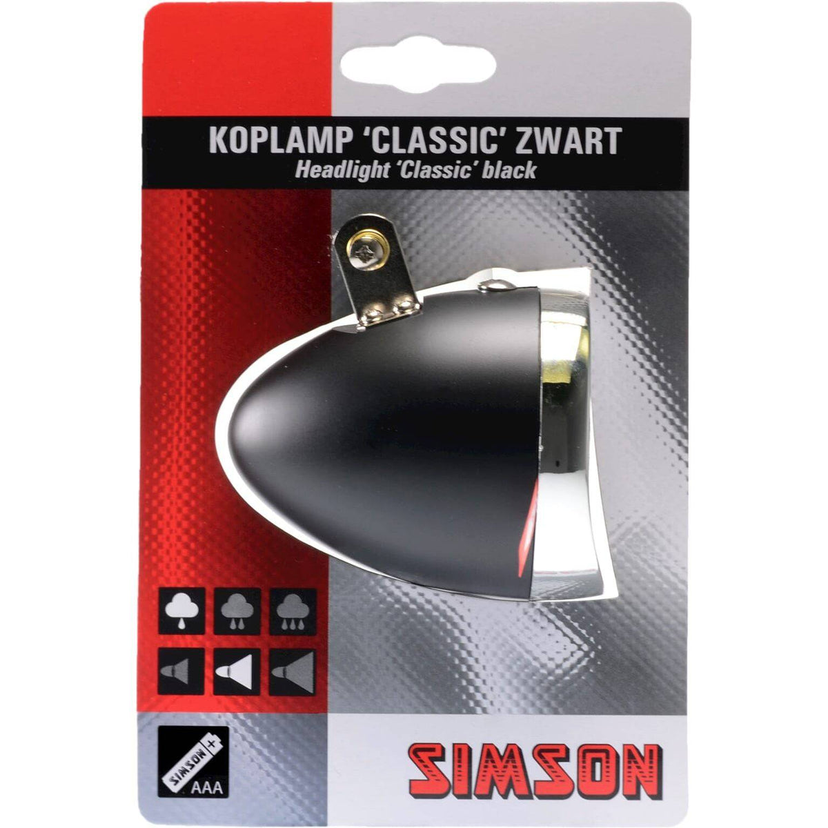 Zwarte Simson koplamp met batterij voor klassieke bromfietsen, zichtbaar op de afbeelding.