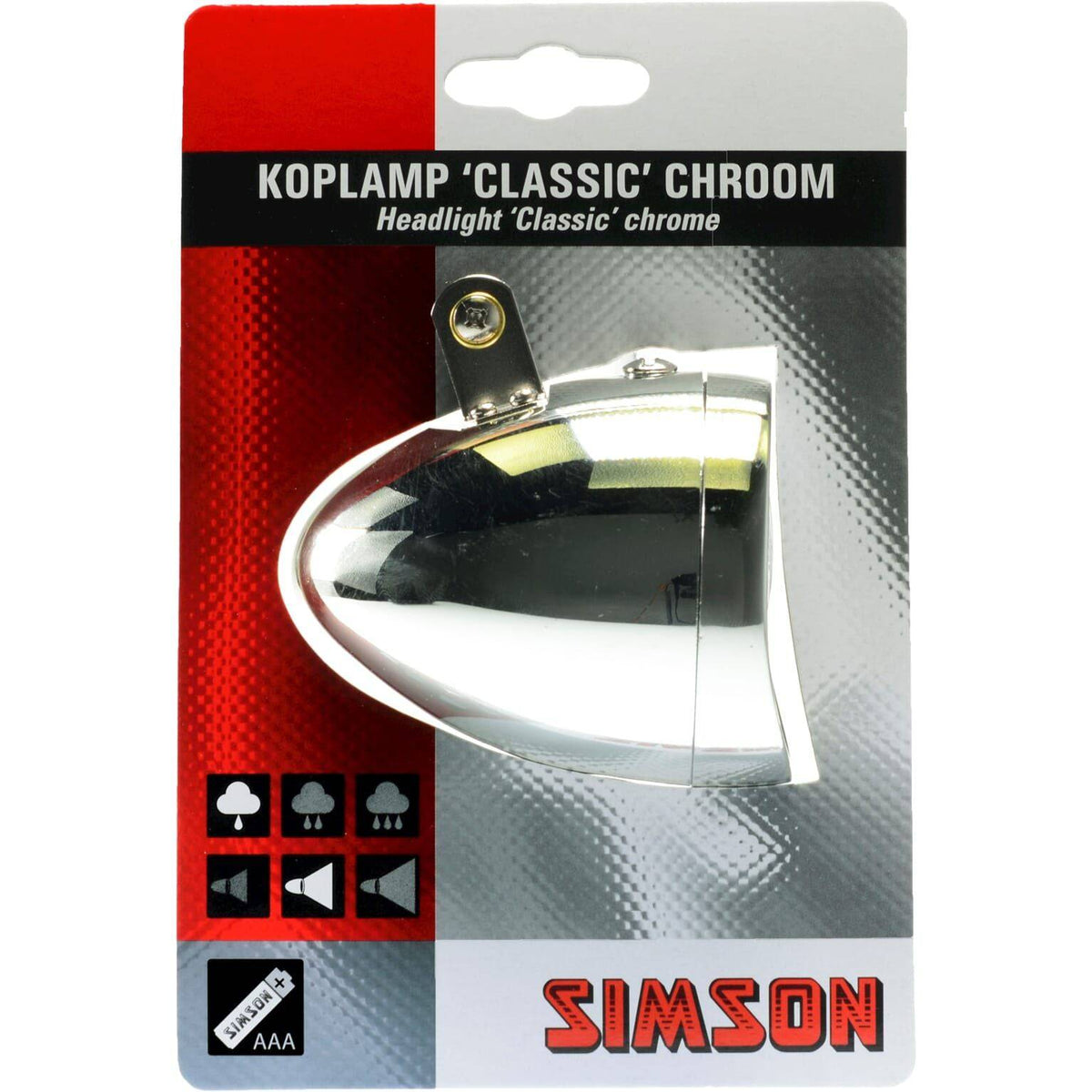 Simson koplamp Classic met batterij, chroom afwerking en ronde vorm, geschikt voor vintage motorfietsen.