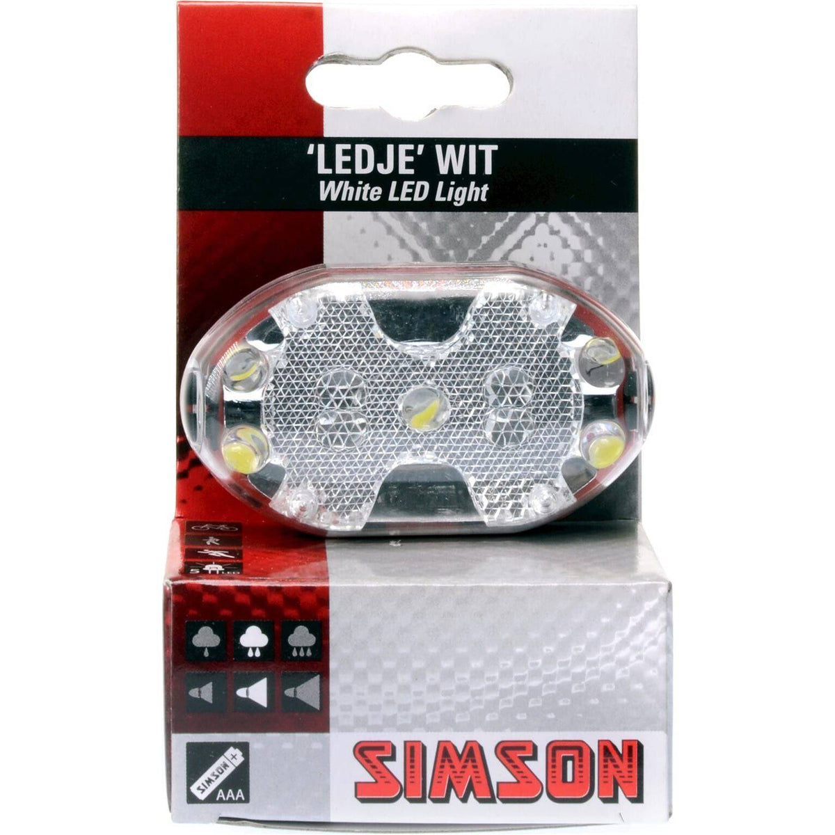 Simson koplamp met 5 LED's en batterij, geschikt voor stuurbocht, zichtbaar in de afbeelding