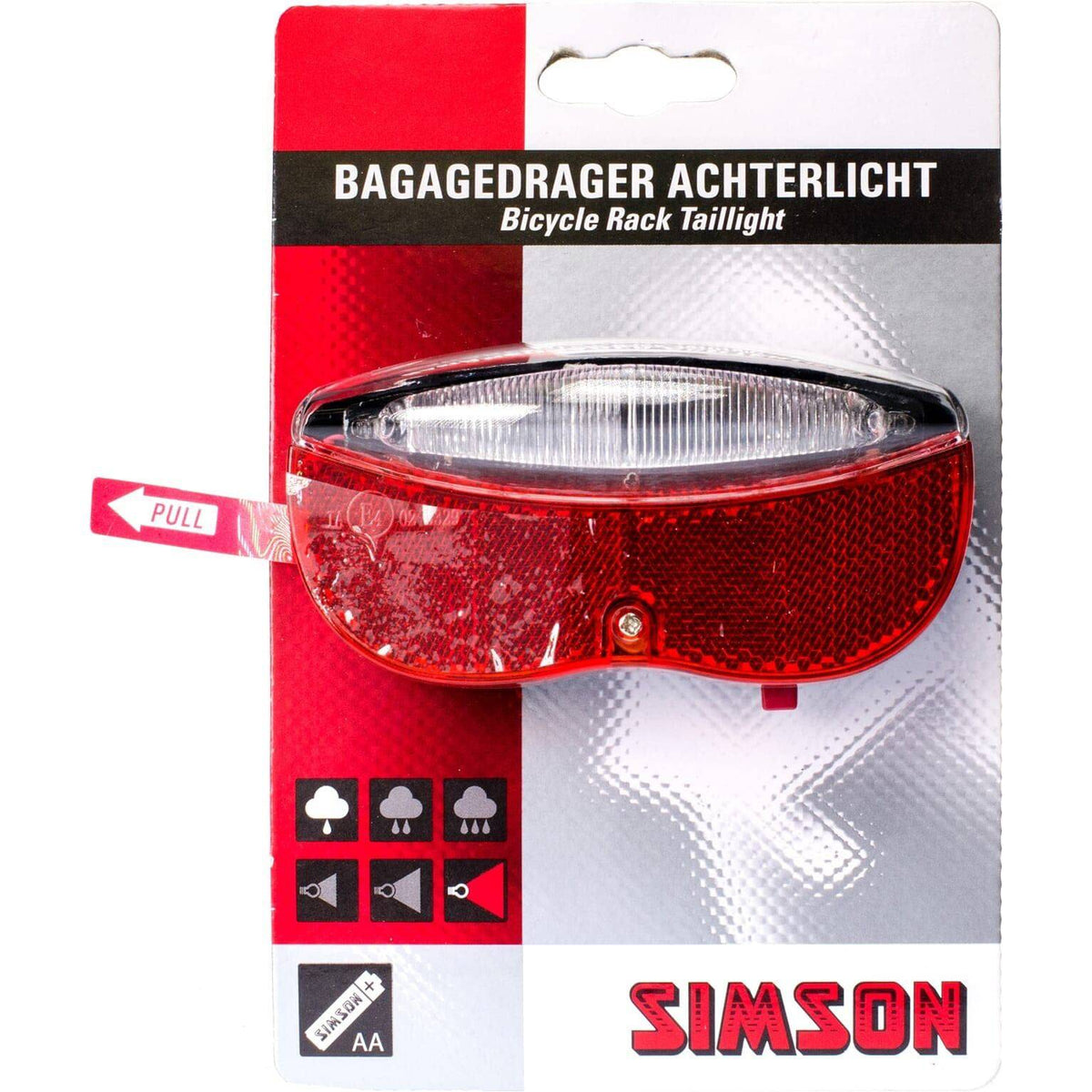 Simson achterlicht met LED en batterij, 80mm, geschikt voor fietsen en scooters, helder en energiezuinig.