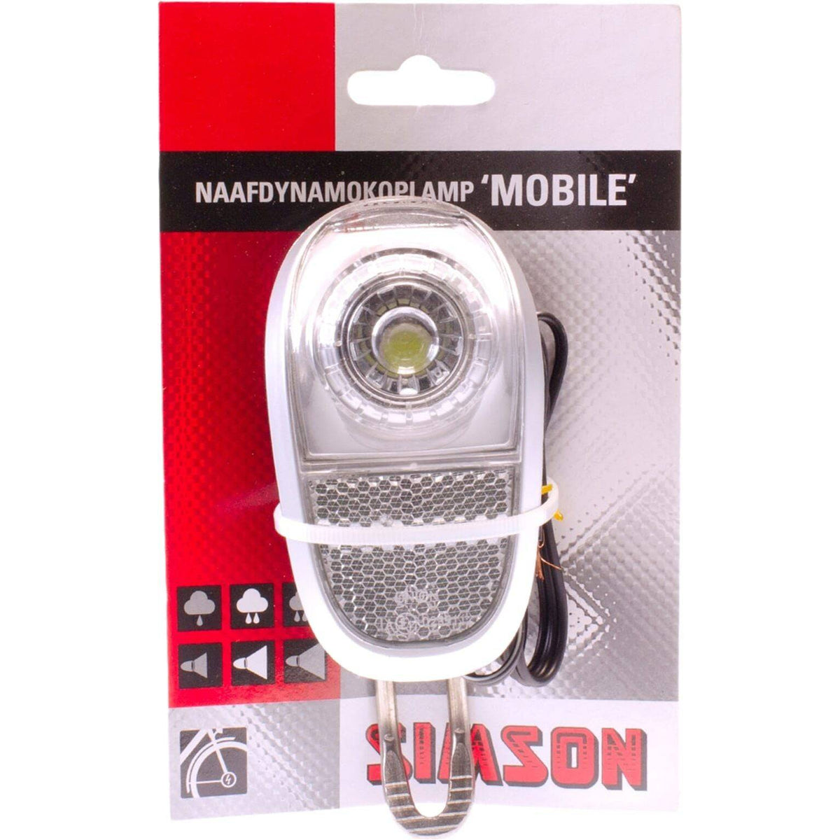Simson koplamp wit met aan/uit schakelaar en 35 lux dynamo voor fiets, zichtbaar in de afbeelding.