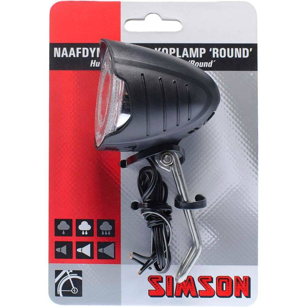 Simson koplamp rond met aan/uit schakelaar en 7 lux dynamo, geschikt voor klassieke fietsen, duidelijke montage en verlichting.