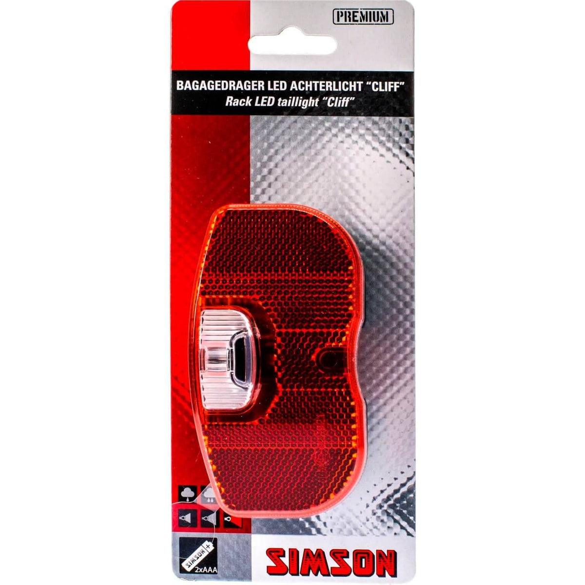 Simson achterlicht Cliff met batterij, 50/80 mm, zwart kunststof, zichtbaar voor fiets achterzijde.