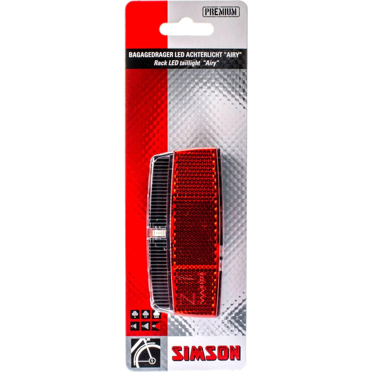 Simson achterlicht Airy Dynamo 80 mm, helder rood achterlicht voor fiets, bevestigd op Simson motorfiets.