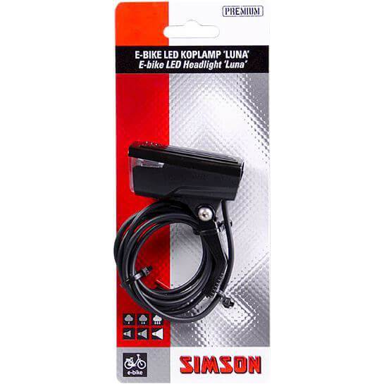 Simson Luna koplamp voor e-bike, 6-60V, 25 lux, zwart met helder licht, gemonteerd op voorzijde van elektrische fiets