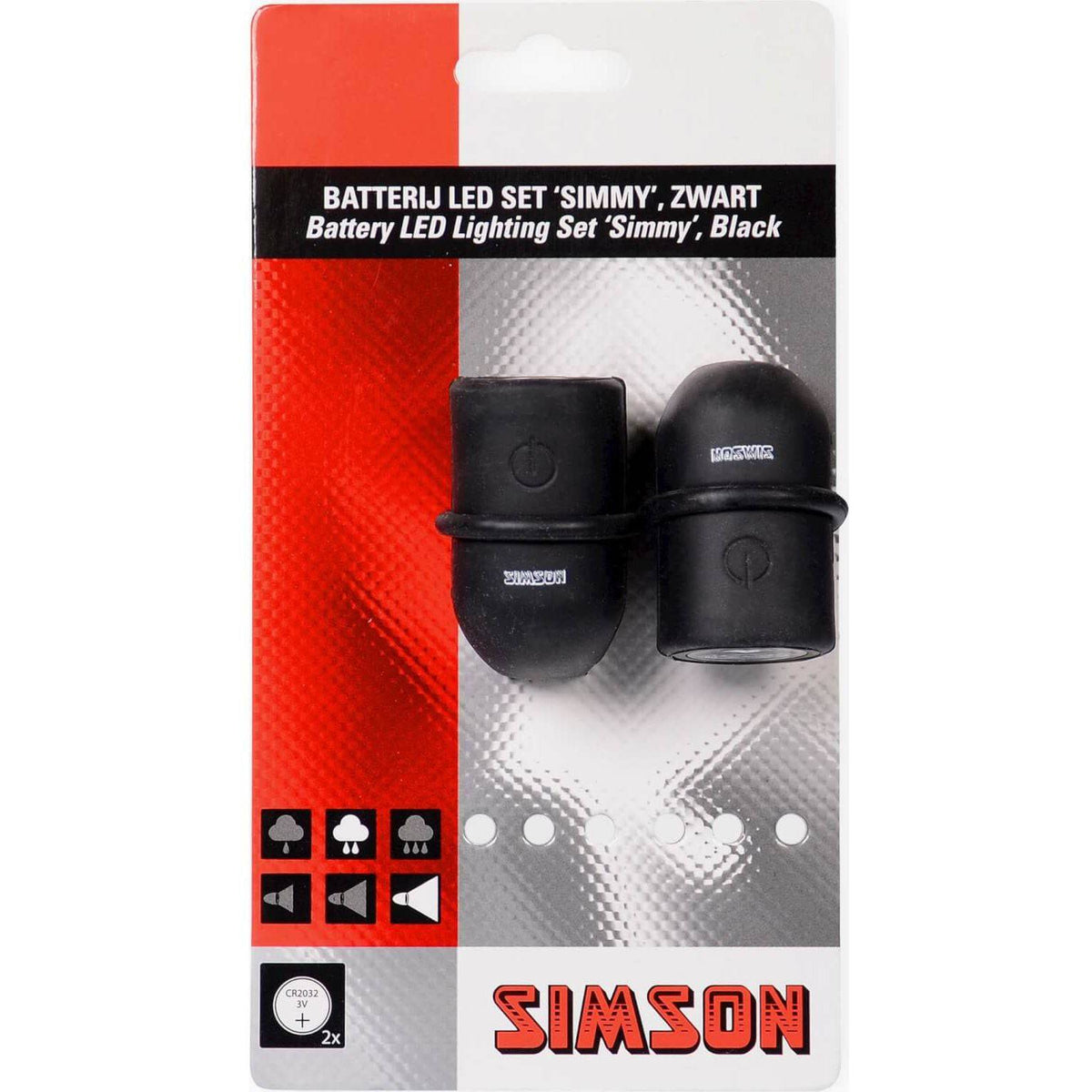 Zwart Simson Simmy verlichtingsset met batterij, inclusief lampen en kabels, voor fietsverlichting.