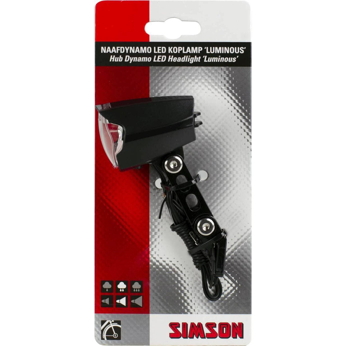 Simson koplamp met dynamofunctie, 30 lux, automatisch aan/uit, geschikt voor fietsen en scooters, zwart kunststof.