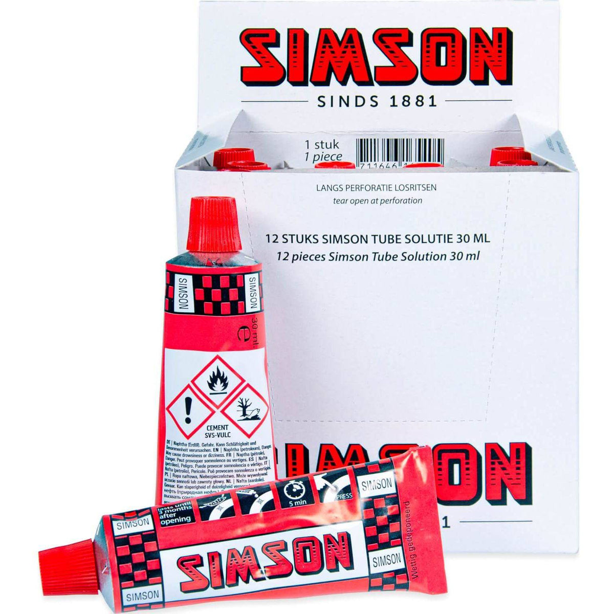 Simson bandenreparatieset tube solutie 30ml, geschikt voor snel en effectief bandreparatie, zichtbaar in de afbeelding.