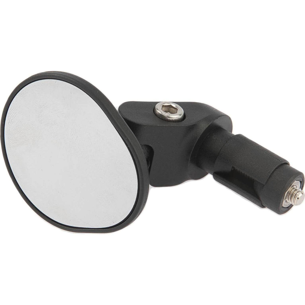 Zwarte Mirage Minor Bar-End fietsspiegels van 50 mm met spiegeloppervlak, gemonteerd aan het uiteinde van een fietsstuur