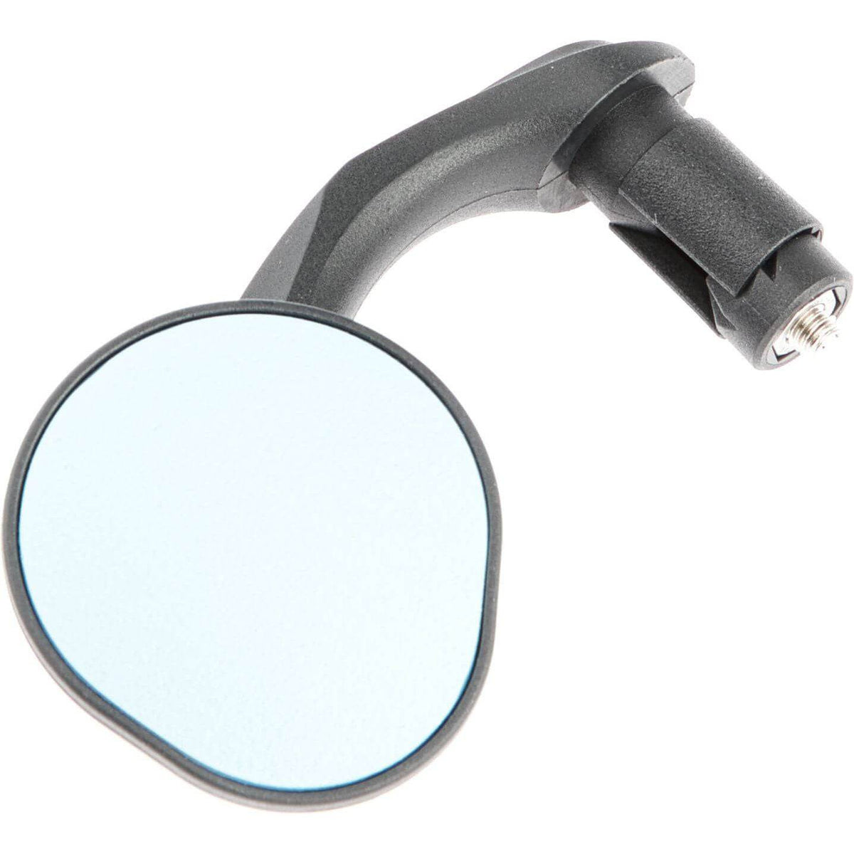Zwart Mirage fietsspiegels met blauwe bar-end, 50 mm vlak glas, voor fiets, close-up van spiegel met montagesysteem