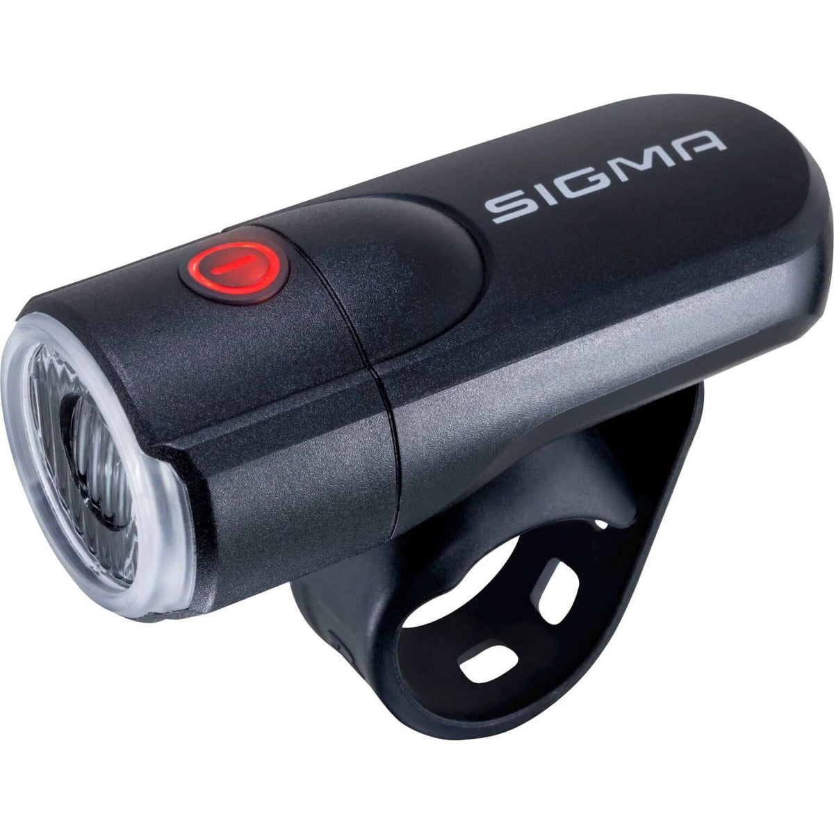 Sigma Aura 30 koplamp met batterij, witte LED-lichtbron, compacte ontwerp en verstelbare band voor veilig fietsen.