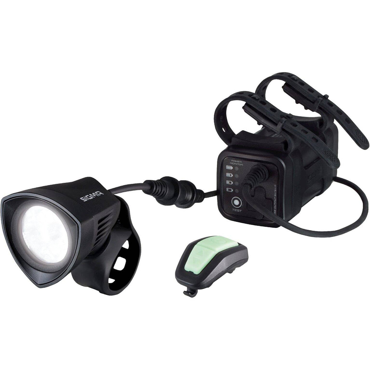 Zwarte Sigma Koplamp Buster 2000 K-Set met Li-Ion batterij, zichtbaar met verstelbare lampkop en bevestigingsriem.