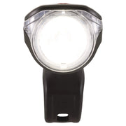 Zwarte Sigma Aura 80 LED koplamp met accu en USB, zichtbaar met lichtknop en verstelbare riem.