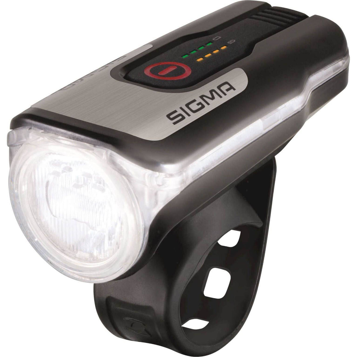 Sigma Aura 80 LED koplamp zwart met accu en USB voor veilig fietsen, heldere verlichting en gebruiksvriendelijk ontwerp.