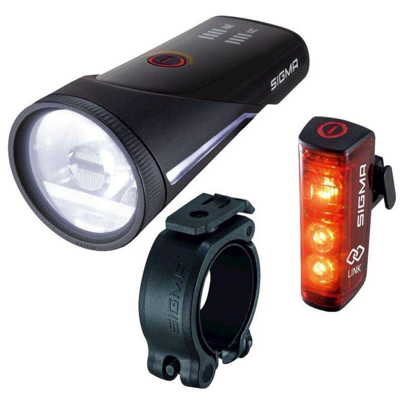Sigma Aura 100 Link Qr en Blaze Link USB verlichtingsset met LED-lichtpanelen en bedieningsknoppen, zwart en compact design.