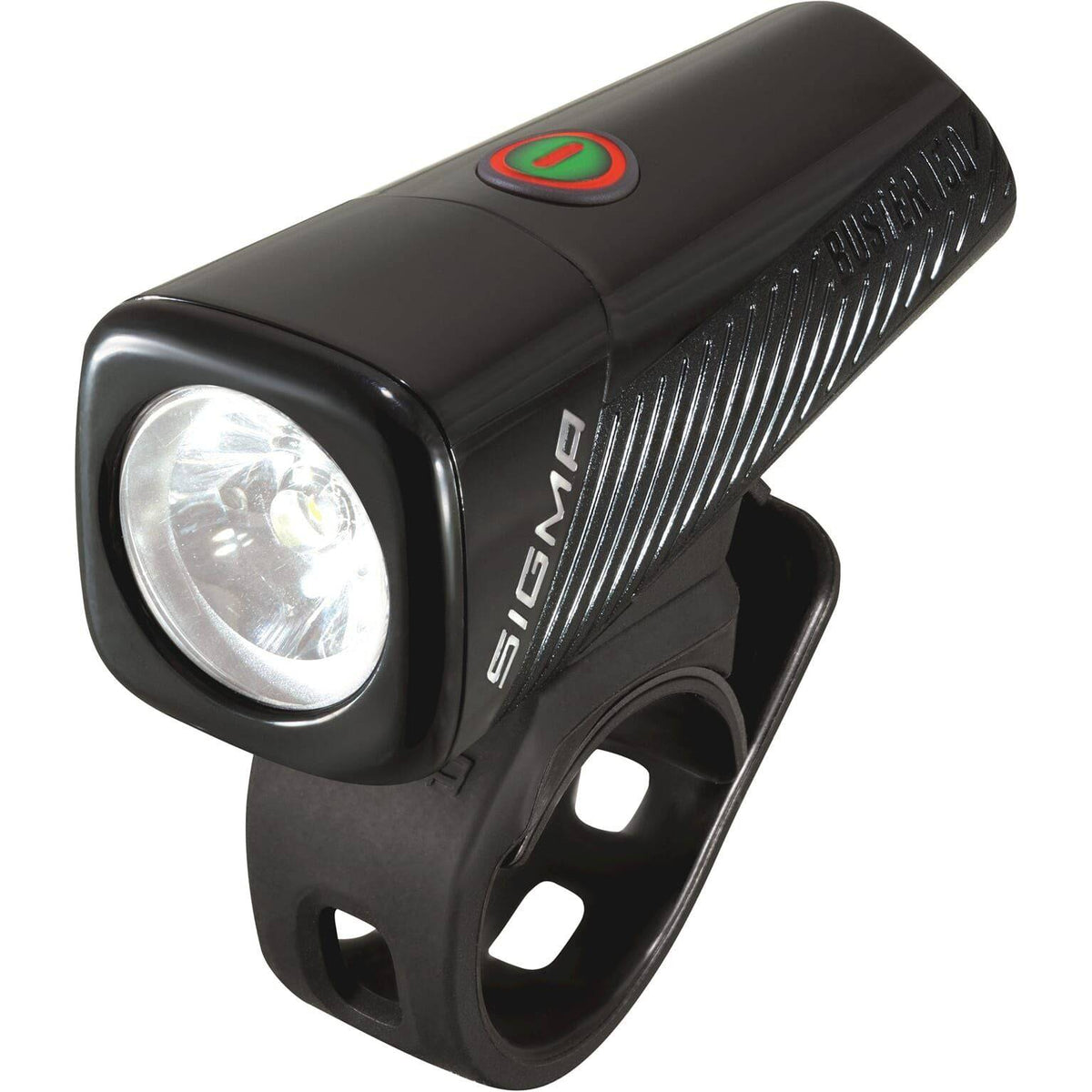 Sigma Buster USB koplamp met helder licht en verstelbare band voor veilig fietsen in het donker.