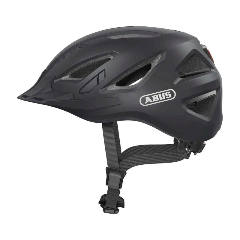 Abus Urban-I 3.0 E-bike fietshelm in zwart met ventilatiegaten en verstelbare straps, ontworpen voor stadsfietsen en comfort.