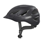 Abus Urban-I 3.0 E-bike fietshelm in zwart met ventilatiegaten en verstelbare straps, ontworpen voor stadsfietsen en comfort.