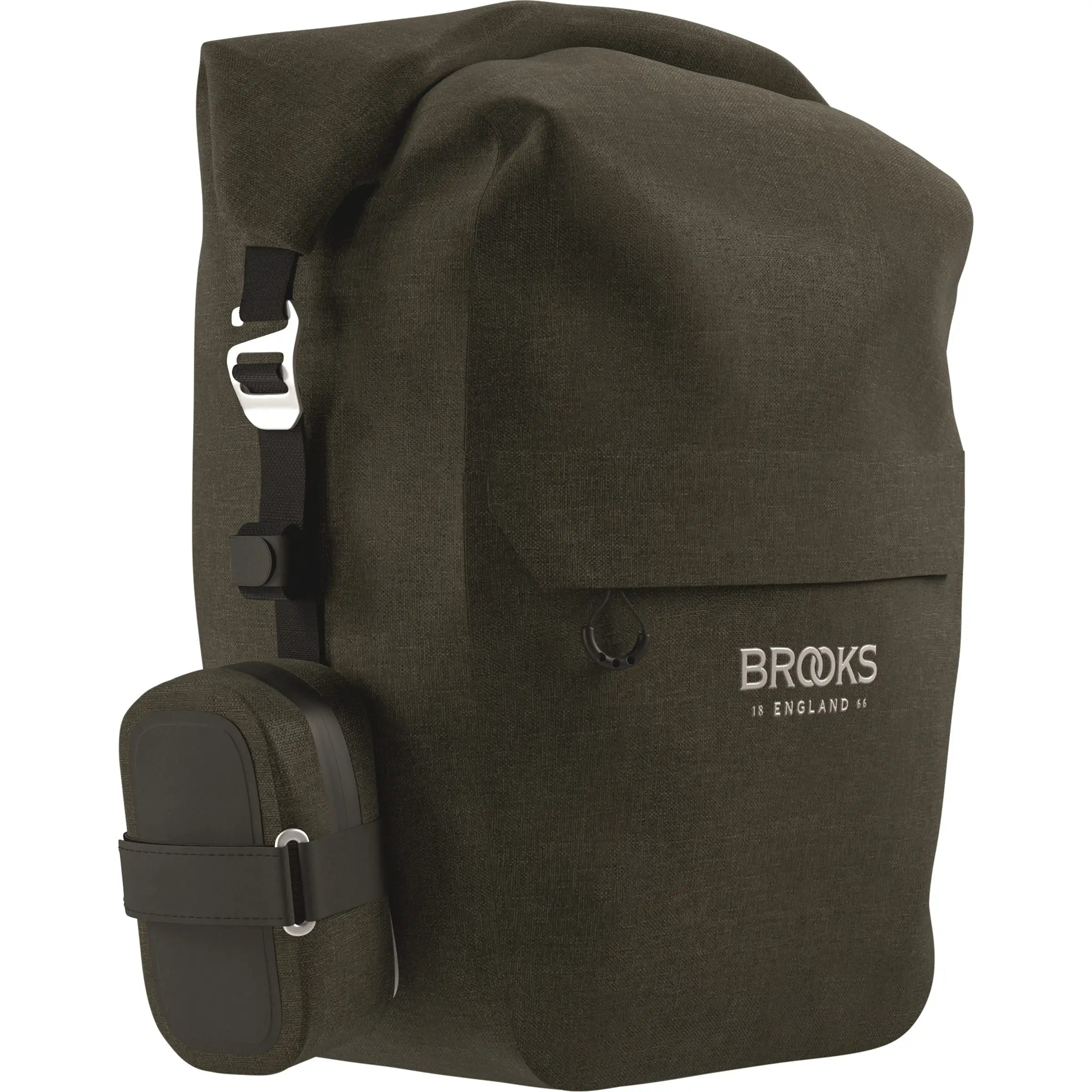 Brooks fietstas Enkel Scape L 18-22L, zwarte tas met verstelbare riemen en reflecterende details, ontworpen voor fietsen.
