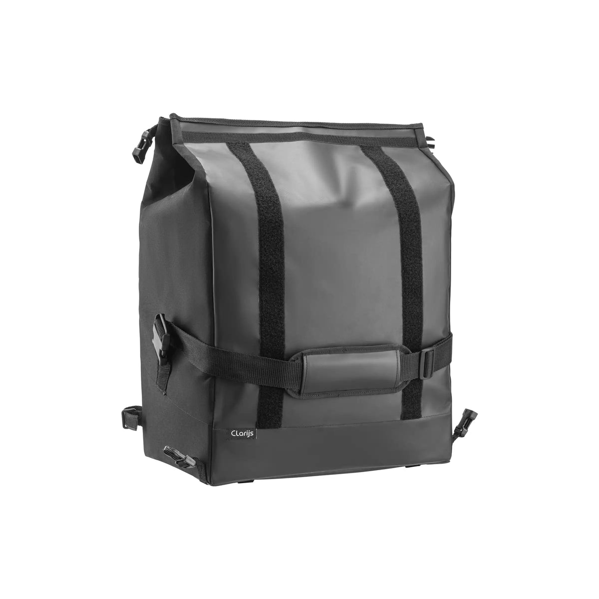 Zwarte Clarijs fietstas enkel, Premium 61 liter, voor- of achterop de fiets, met stevige handvatten en duurzame afwerking.