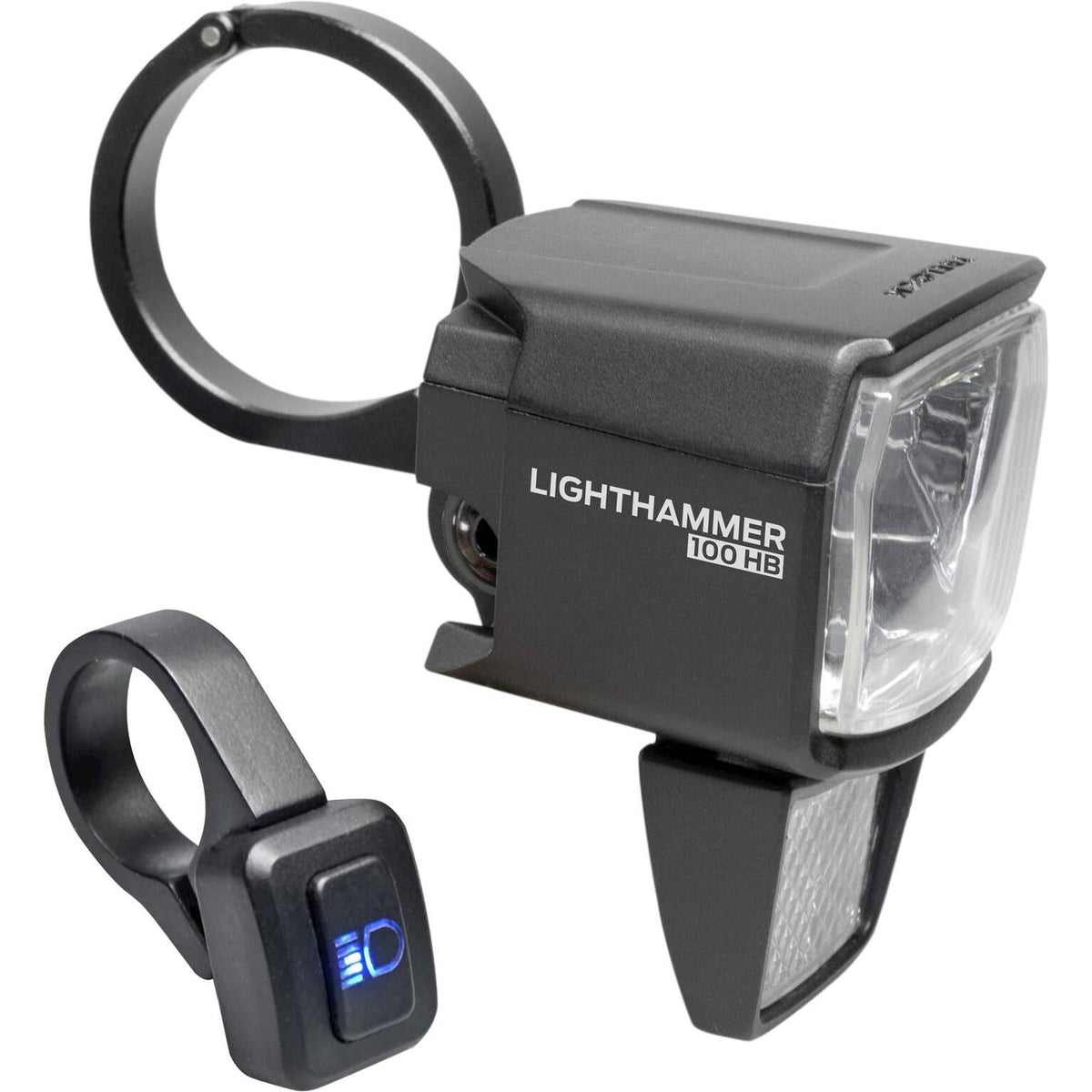 Trelock Lighthammer LS 890-Hb E-B koplamp met 12V DC en 100 lux lichtsterkte, geschikt voor elektrische fietsen.
