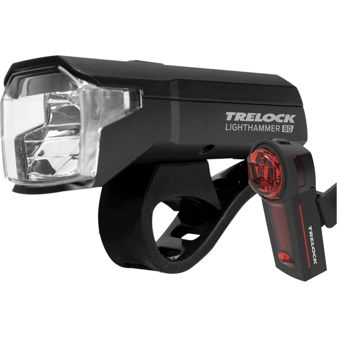 Trelock verlichtingsset Lighthammer LS 480 en LS 740 met 80 Lux voor fietsverlichting, inclusief voor- en achterverlichting.