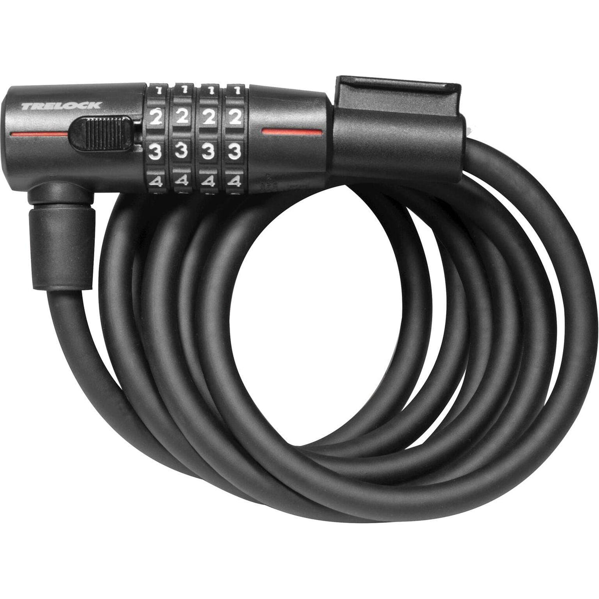Zwart Trelock kabelslot SK210 met code, 180cm lang en 10mm dik, ligt op een witte achtergrond.
