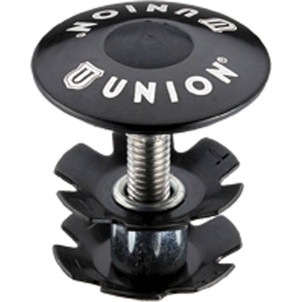 Zwart Union Plug/Kap Ahead 1 1/8 frameonderdelen voor fiets, zichtbaar in de afbeelding.