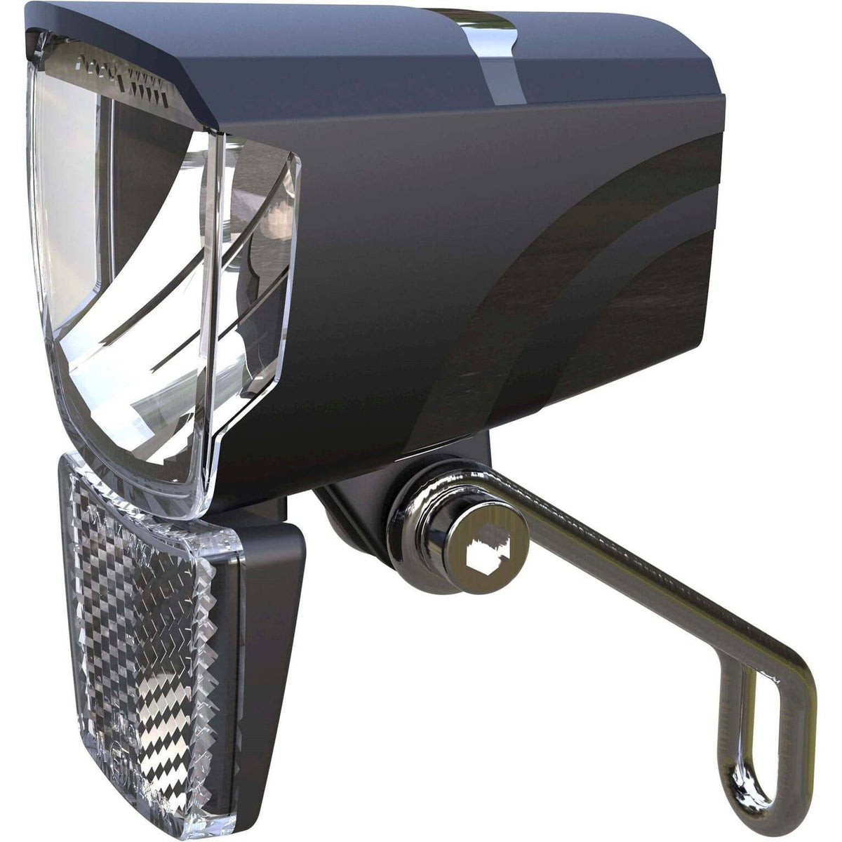 Zwarte Union koplamp Un-4270E Spark 6-44V met 50 lux voor fiets of scooter, zichtbaar in de afbeelding.