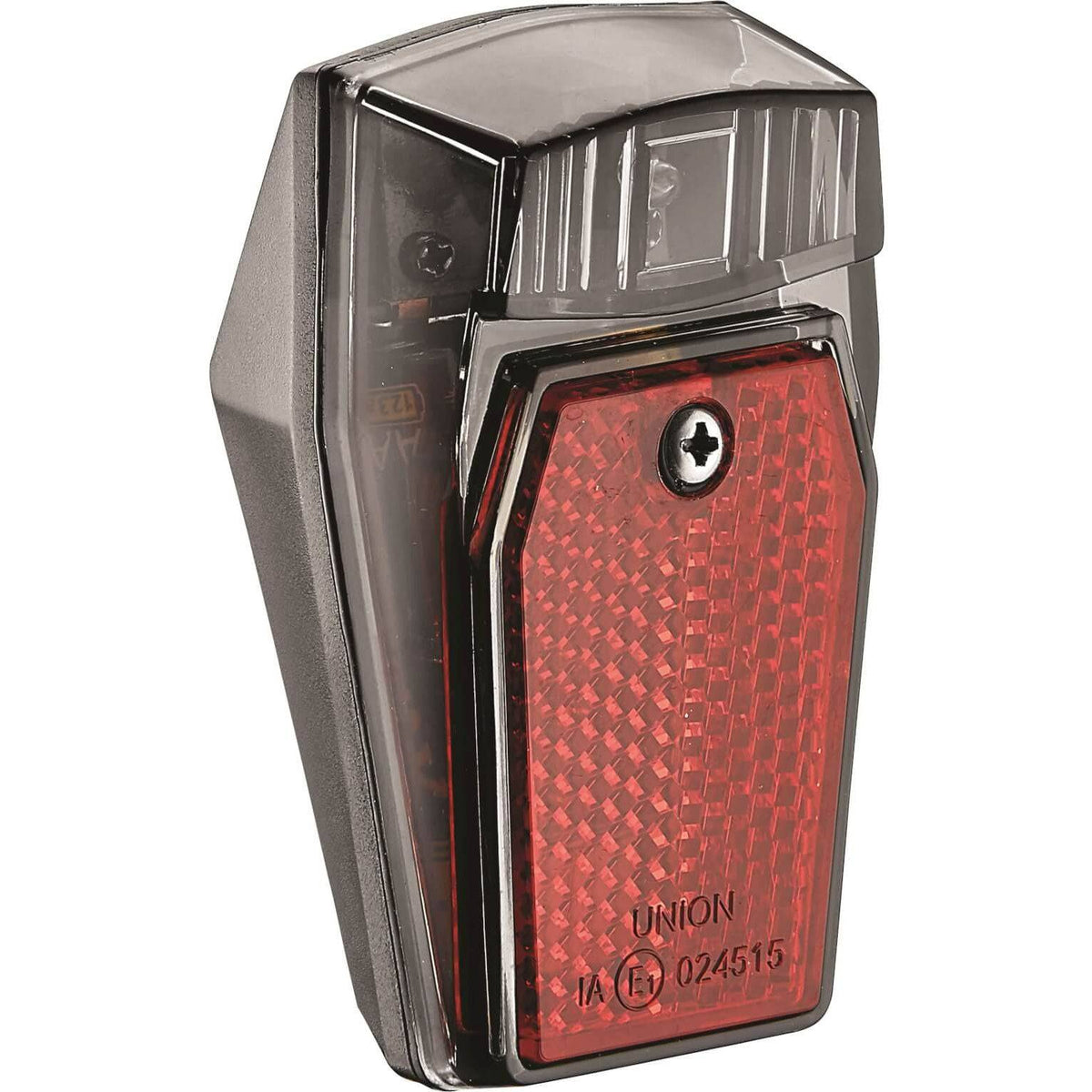 Union achterlicht UN-4309 met batterij en spatbord, duidelijke lens en bevestigingspunten voor fiets of scooter.