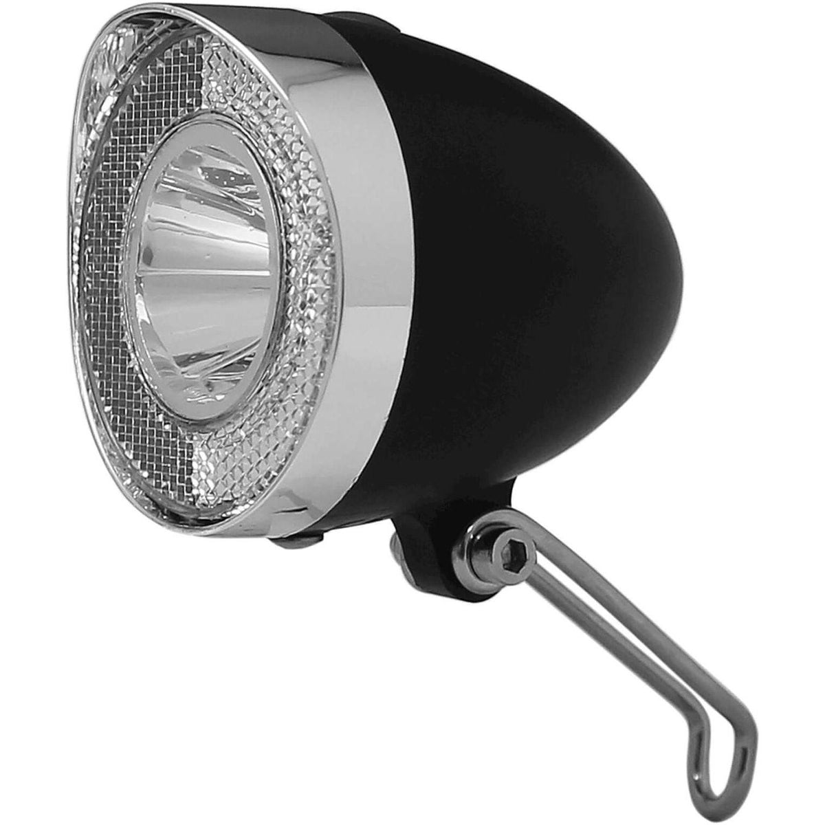 Zwarte Union Un-4915 Retro koplamp met batterij, 20 lux, voor fietsverlichting, zichtbaar in close-up.